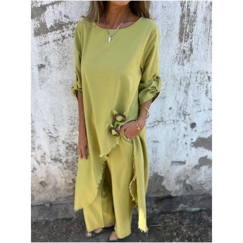 Cotton linen tunic and pants set with side slits for women