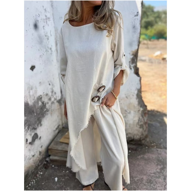 Cotton linen tunic and pants set with side slits for women