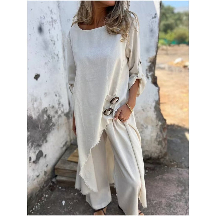 Cotton linen tunic and pants set with side slits for women