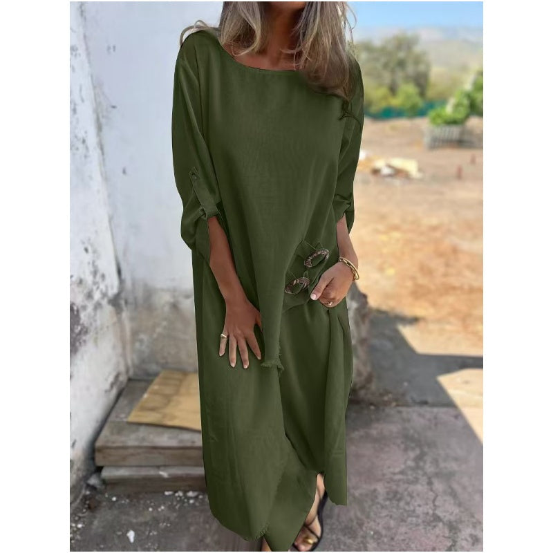 Cotton linen tunic and pants set with side slits for women