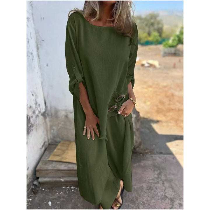 Cotton linen tunic and pants set with side slits for women