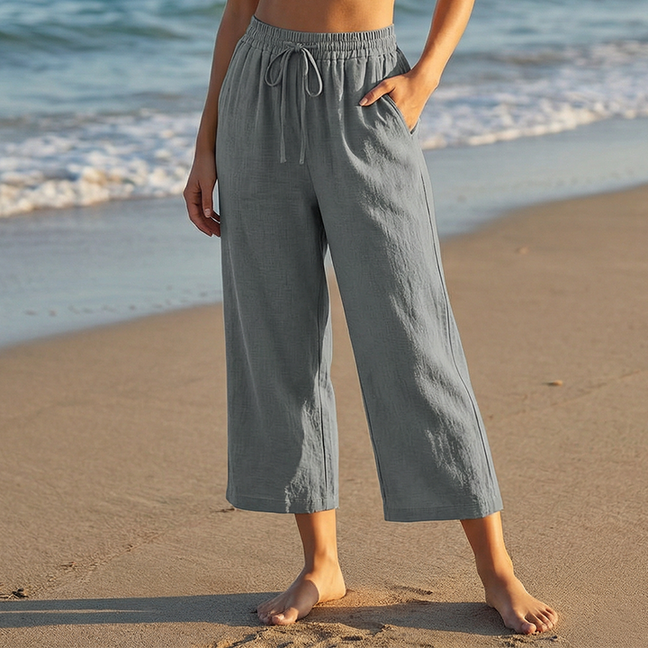 Drawstring capri pants straight leg elastic waist for women