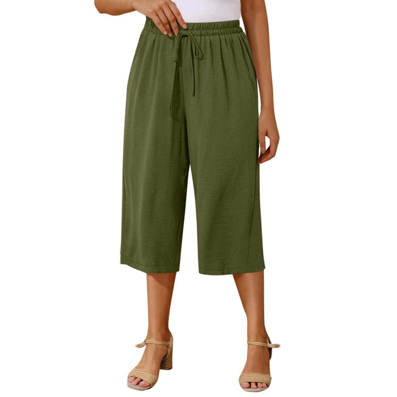 Drawstring capri pants straight leg elastic waist for women