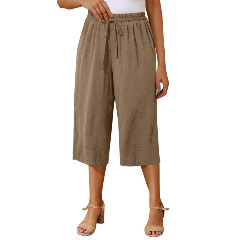 Drawstring capri pants straight leg elastic waist for women