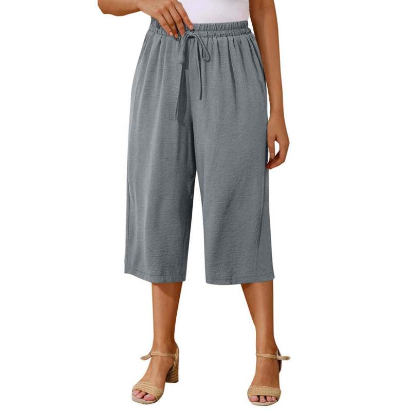Drawstring capri pants straight leg elastic waist for women