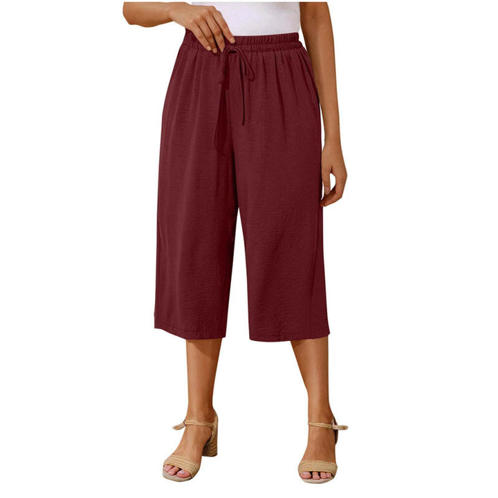 Drawstring capri pants straight leg elastic waist for women