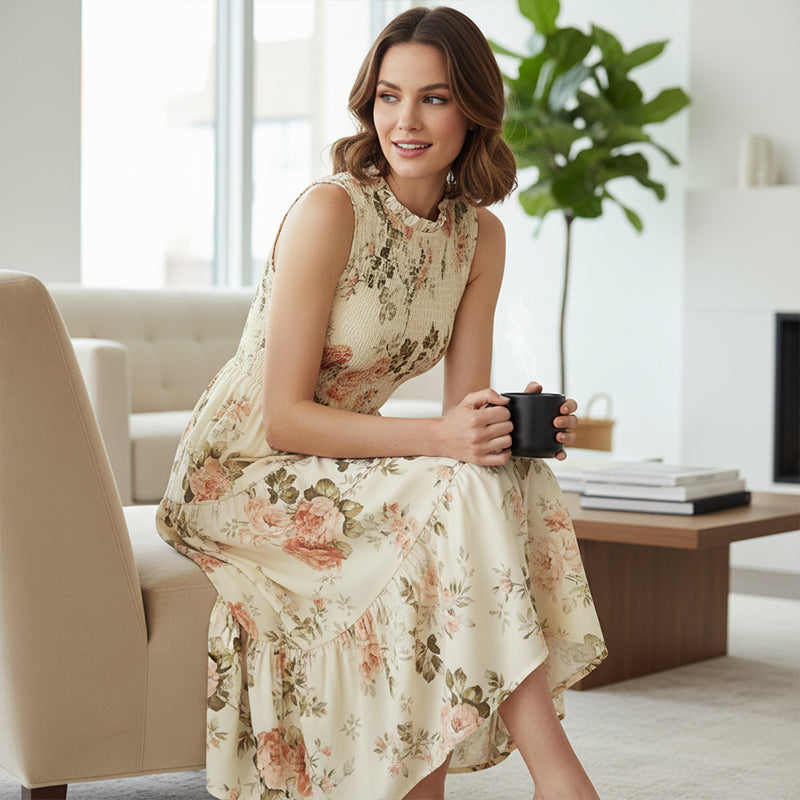 Smocked floral print sleeveless midi dress for women