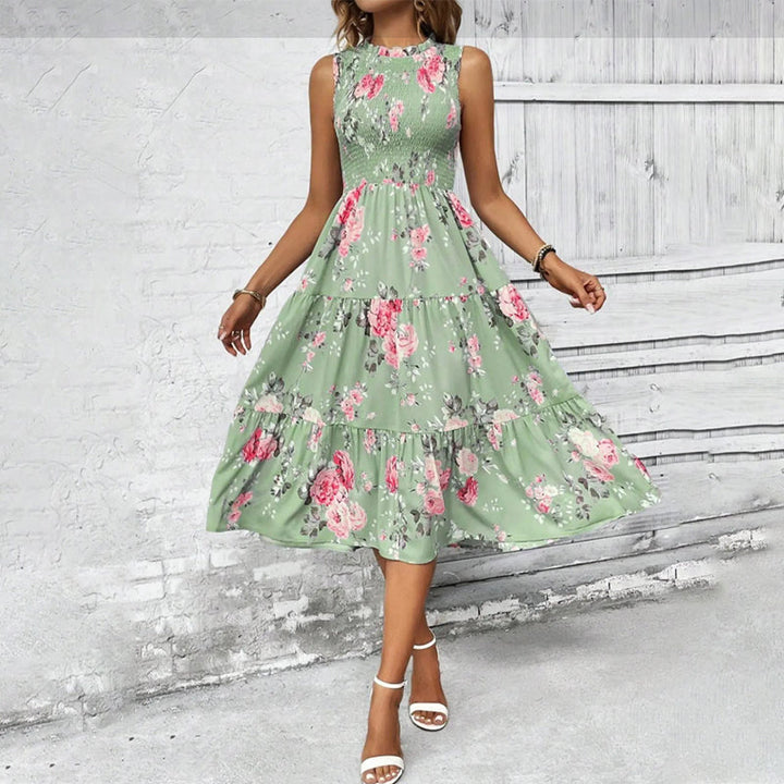 Smocked floral print sleeveless midi dress for women