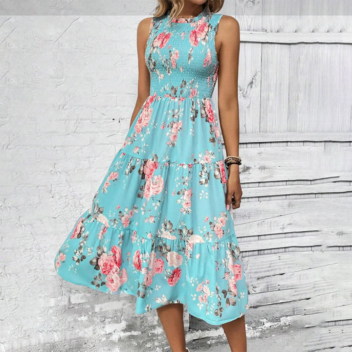 Smocked floral print sleeveless midi dress for women