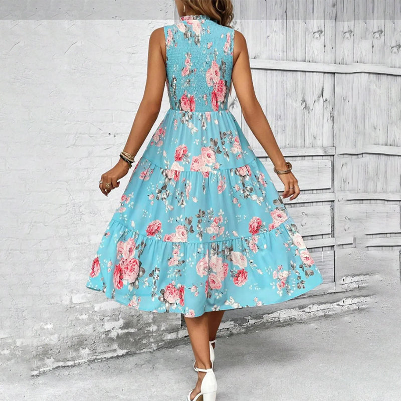 Smocked floral print sleeveless midi dress for women