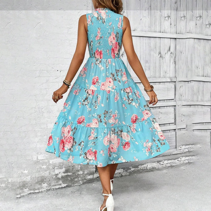 Smocked floral print sleeveless midi dress for women