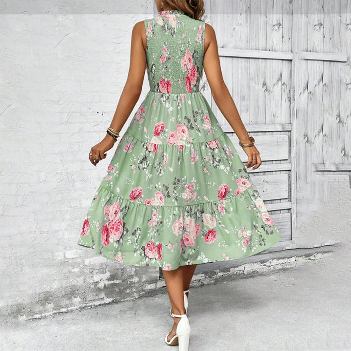 Smocked floral print sleeveless midi dress for women