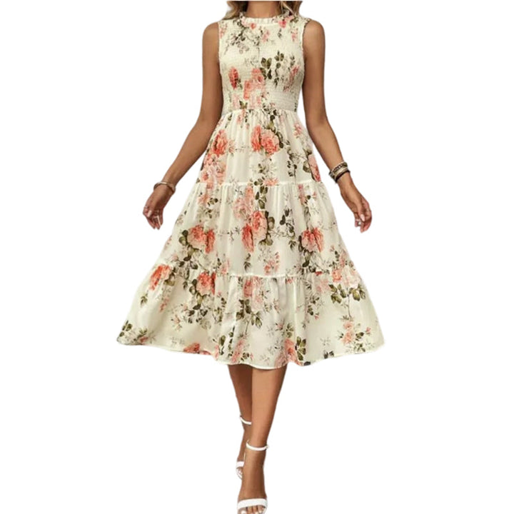 Smocked floral print sleeveless midi dress for women