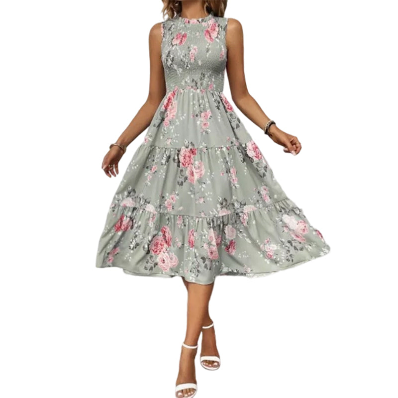 Smocked floral print sleeveless midi dress for women