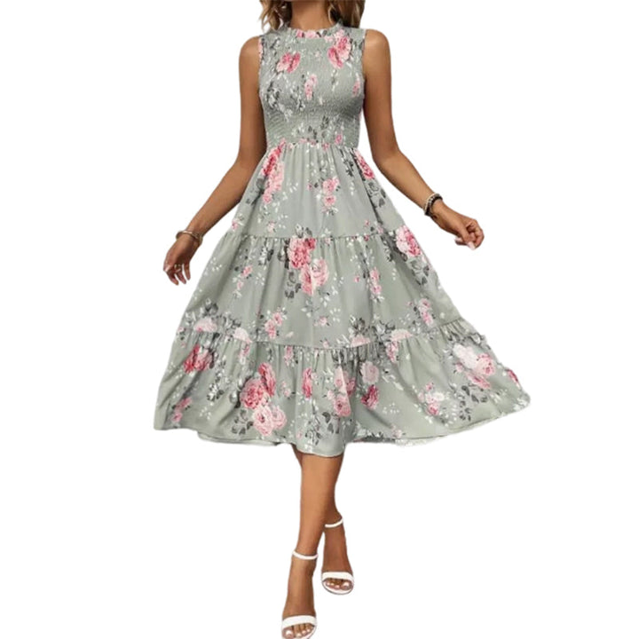 Smocked floral print sleeveless midi dress for women