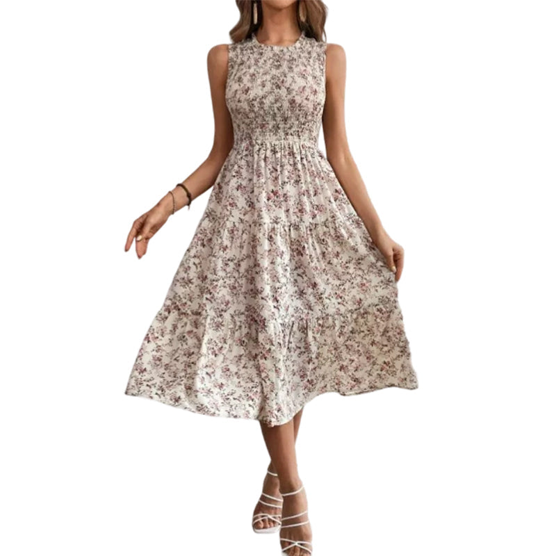 Smocked floral print sleeveless midi dress for women