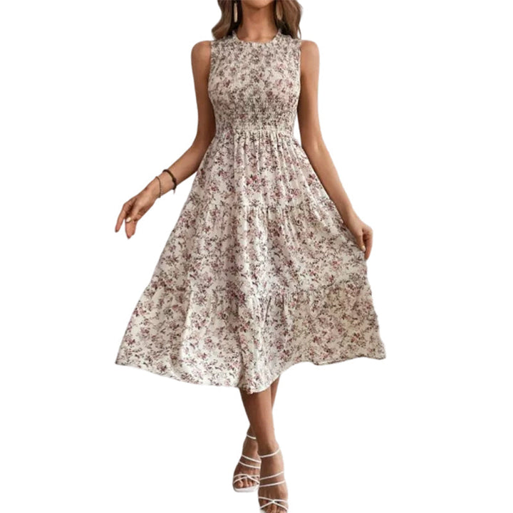 Smocked floral print sleeveless midi dress for women