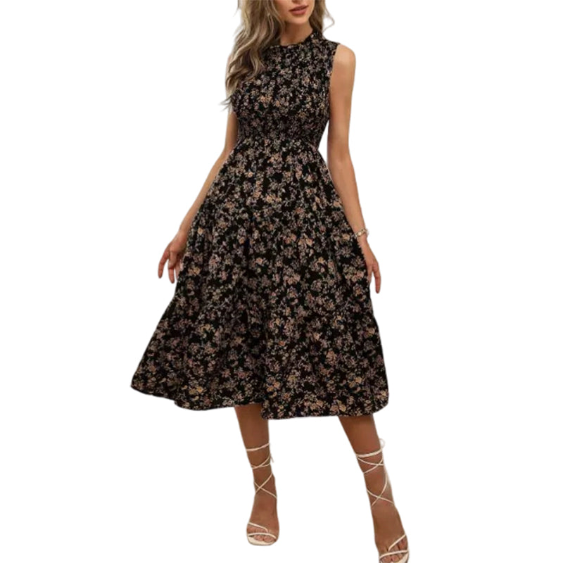 Smocked floral print sleeveless midi dress for women