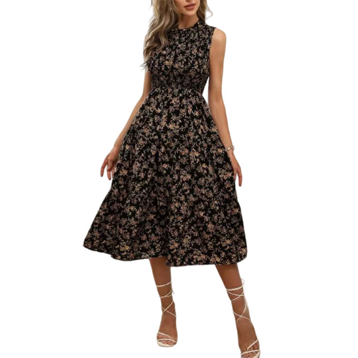 Smocked floral print sleeveless midi dress for women