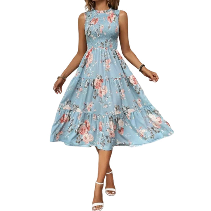 Smocked floral print sleeveless midi dress for women