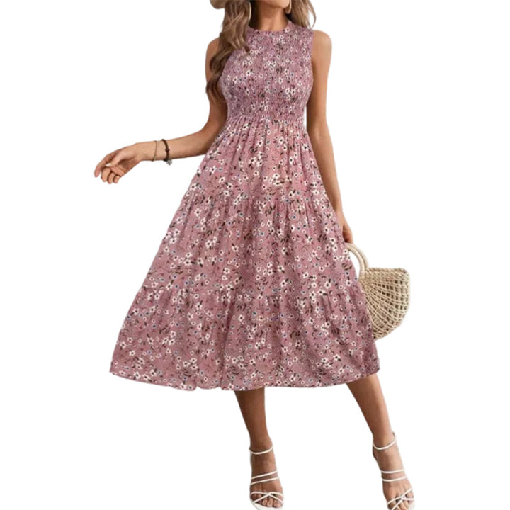 Smocked floral print sleeveless midi dress for women