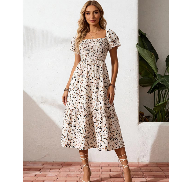 Square neck floral tiered midi dress for women