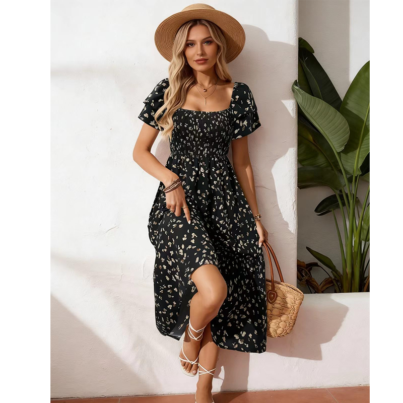Square neck floral tiered midi dress for women