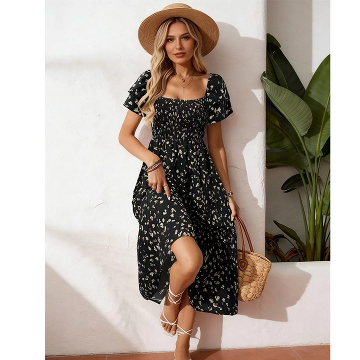 Square neck floral tiered midi dress for women