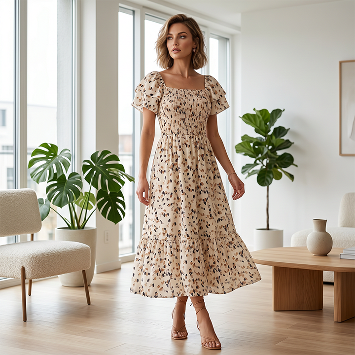 Square neck floral tiered midi dress for women