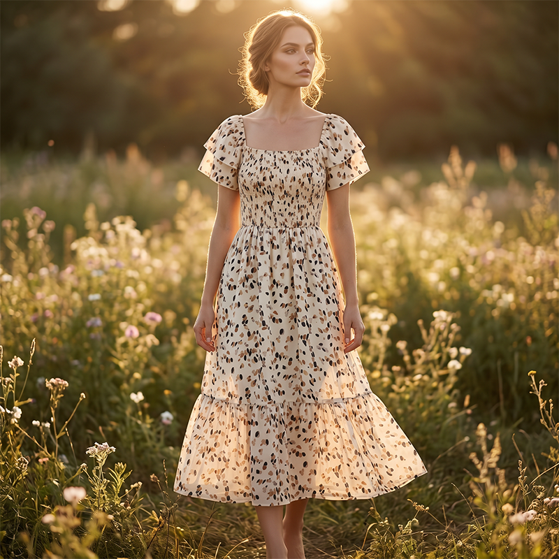 Square neck floral tiered midi dress for women