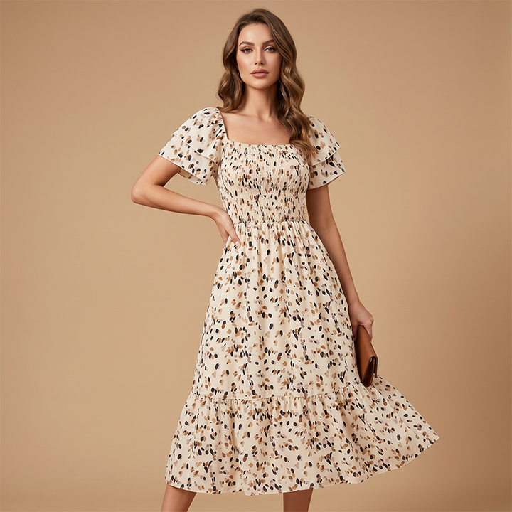 Square neck floral tiered midi dress for women