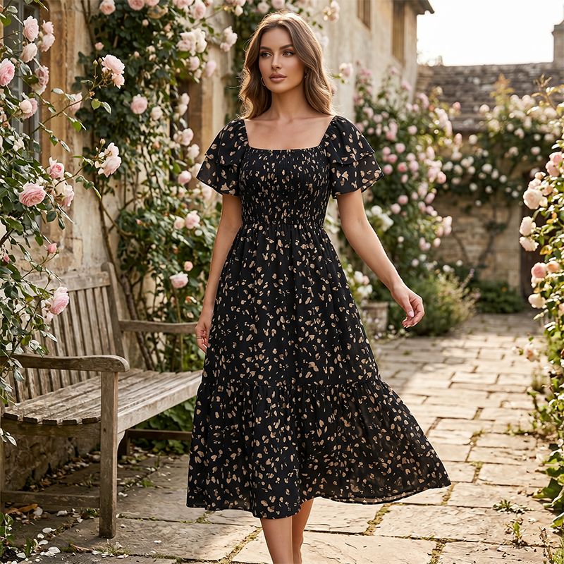 Square neck floral tiered midi dress for women