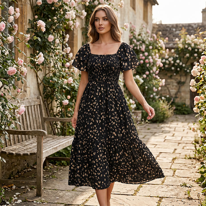Square neck floral tiered midi dress for women