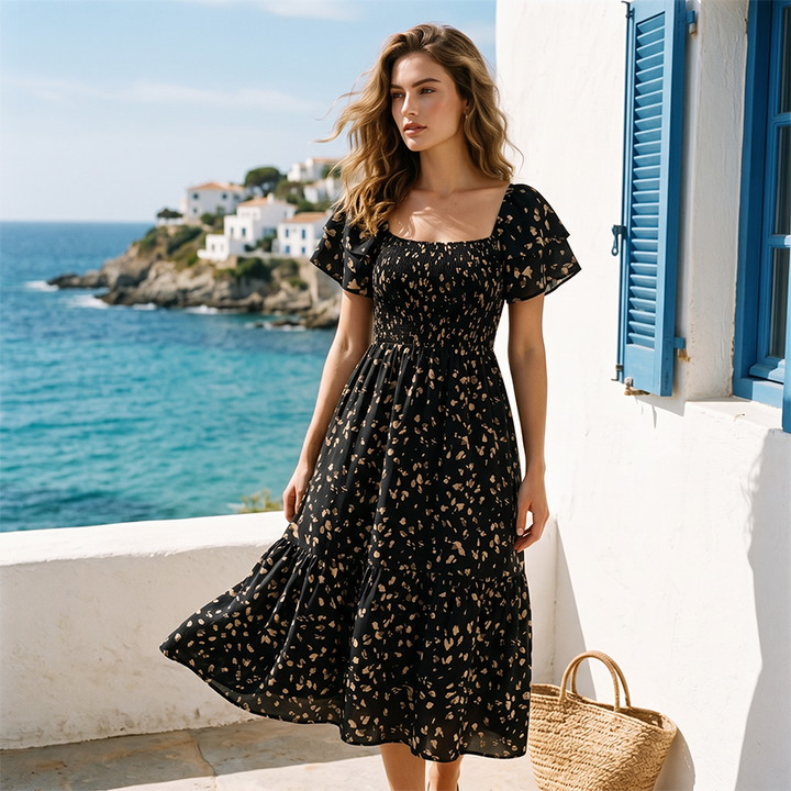 Square neck floral tiered midi dress for women