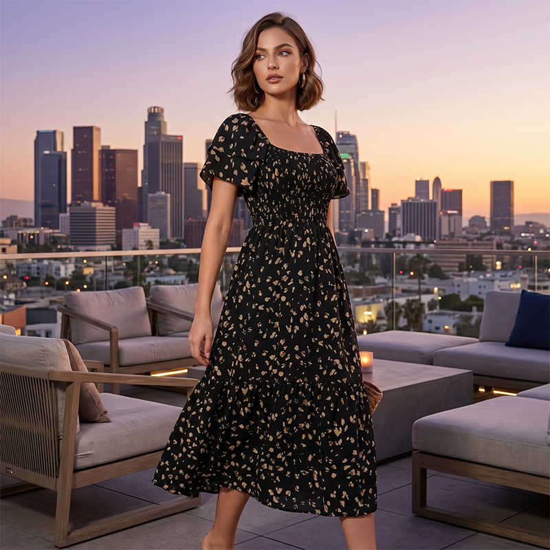 Square neck floral tiered midi dress for women