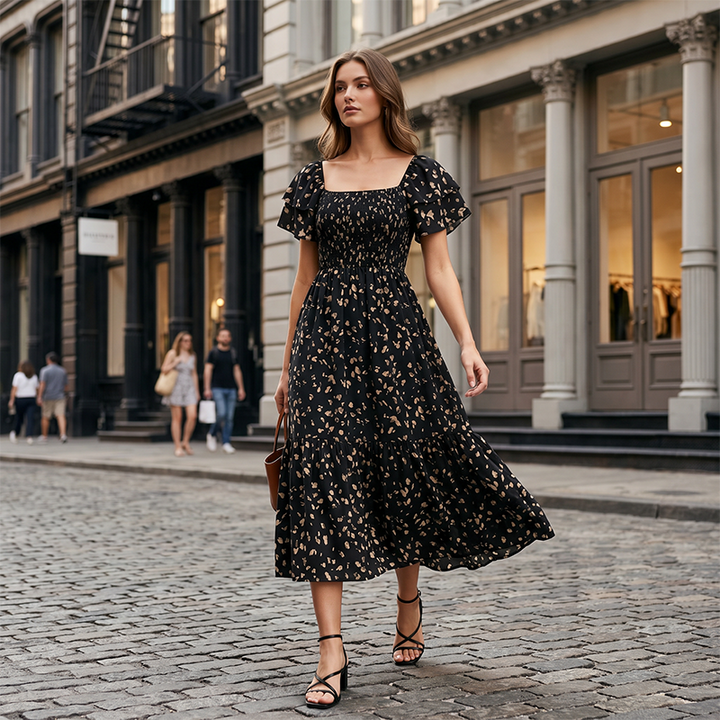 Square neck floral tiered midi dress for women
