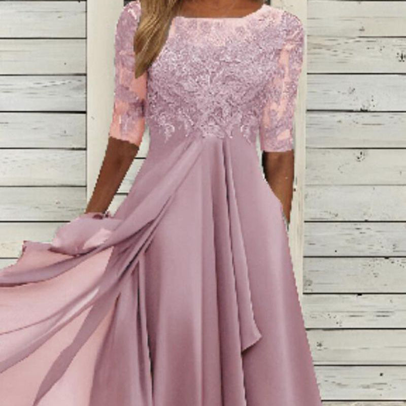 Embroidered lace midi dress with chiffon skirt and short sleeves for women