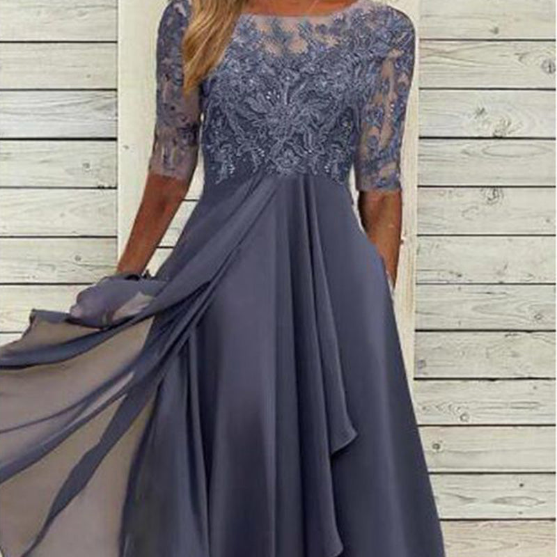 Embroidered lace midi dress with chiffon skirt and short sleeves for women