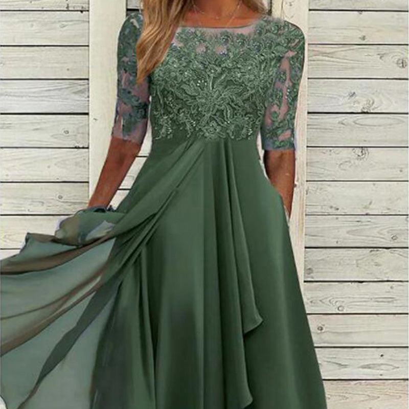 Embroidered lace midi dress with chiffon skirt and short sleeves for women