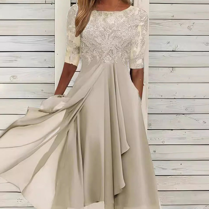 Embroidered lace midi dress with chiffon skirt and short sleeves for women