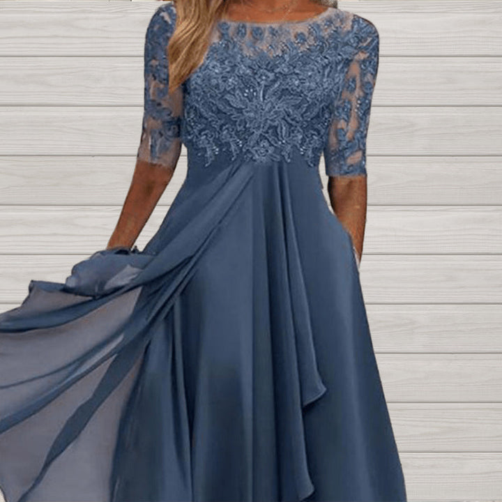 Embroidered lace midi dress with chiffon skirt and short sleeves for women
