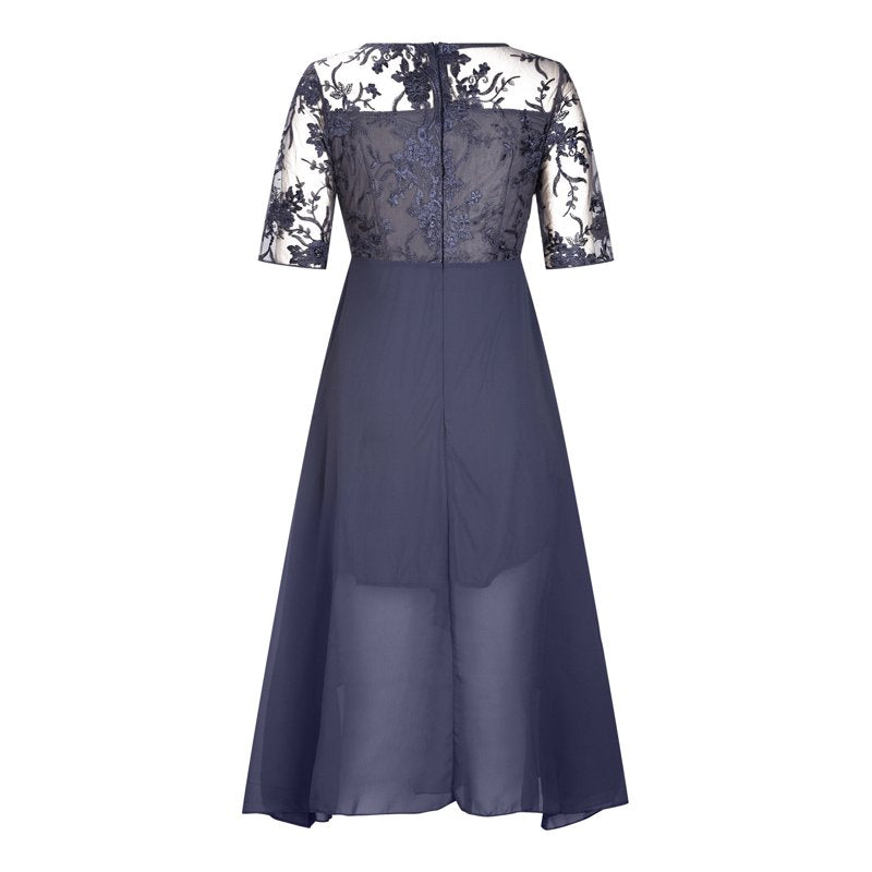 Embroidered lace midi dress with chiffon skirt and short sleeves for women