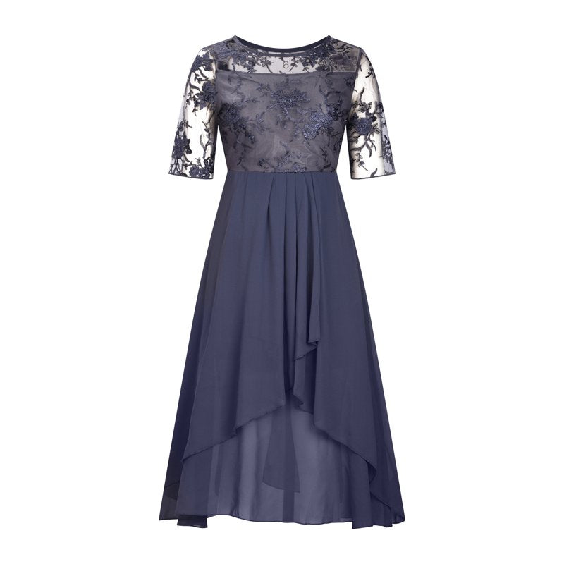 Embroidered lace midi dress with chiffon skirt and short sleeves for women