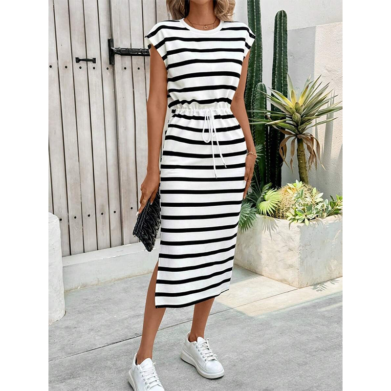 Striped drawstring waist split midi dress for women