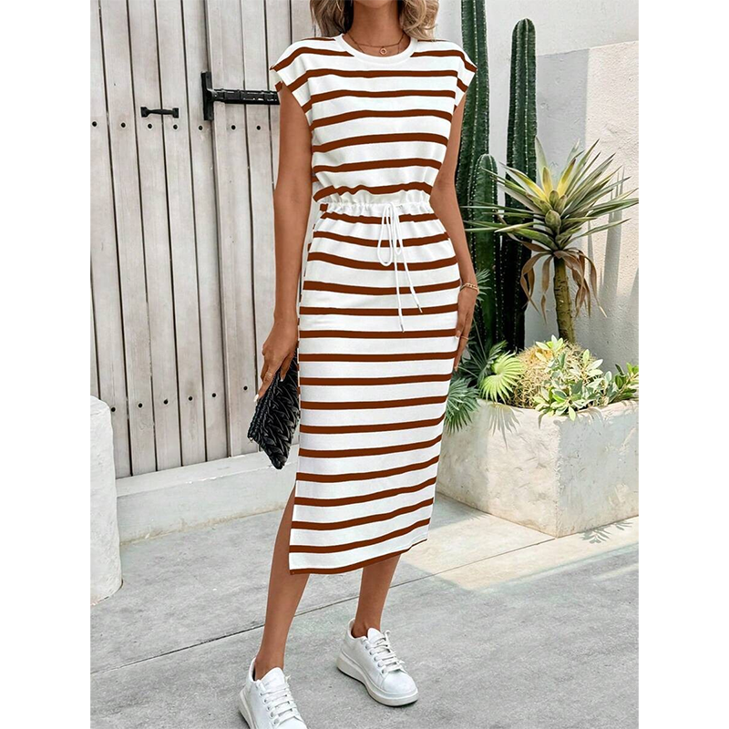 Striped drawstring waist split midi dress for women