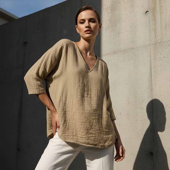 V-neck blouse 3/4 sleeve lightweight relaxed fit for women