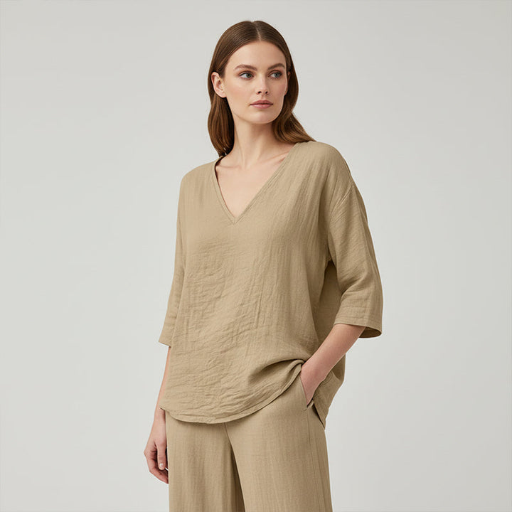 V-neck blouse 3/4 sleeve lightweight relaxed fit for women