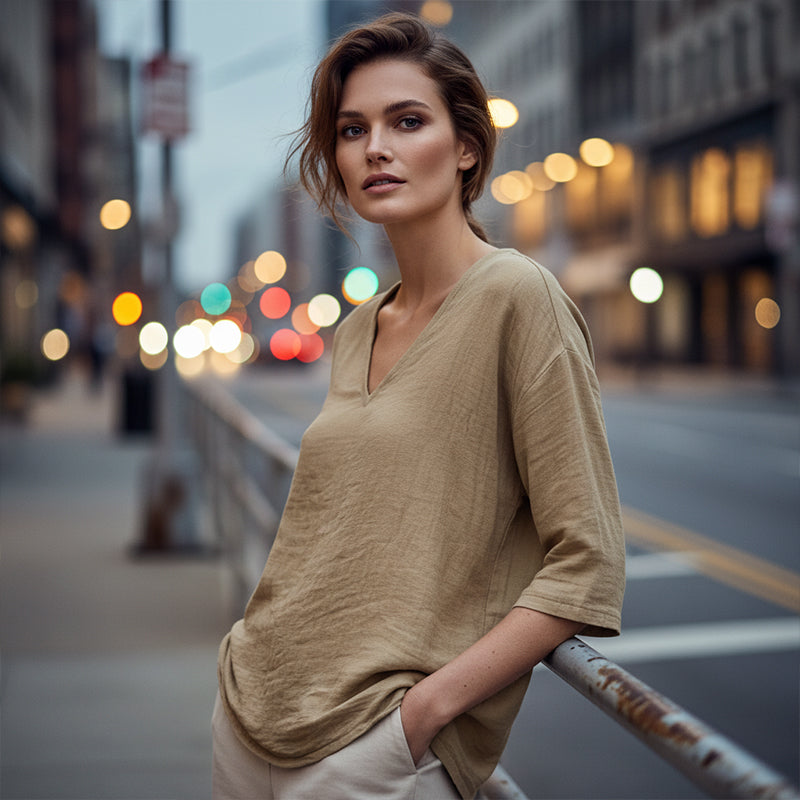 V-neck blouse 3/4 sleeve lightweight relaxed fit for women