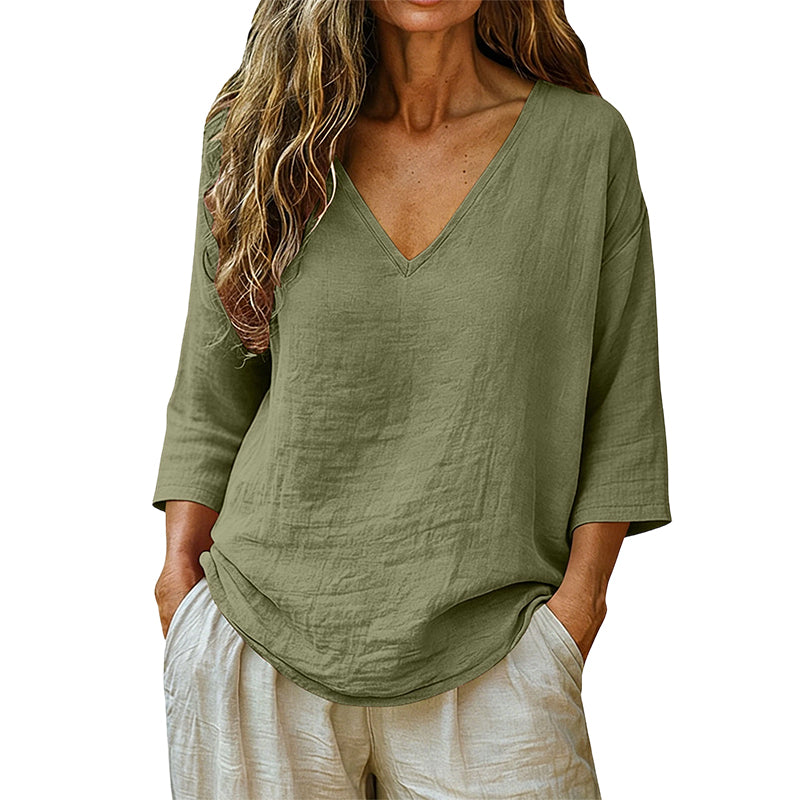 V-neck blouse 3/4 sleeve lightweight relaxed fit for women