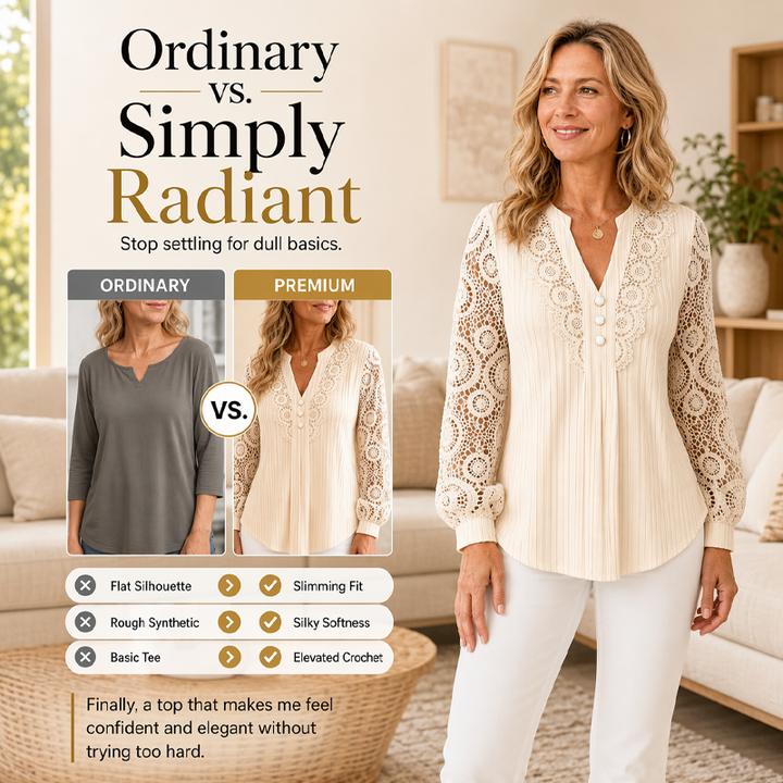 Lace sleeve V-neck top ribbed long sleeve for women